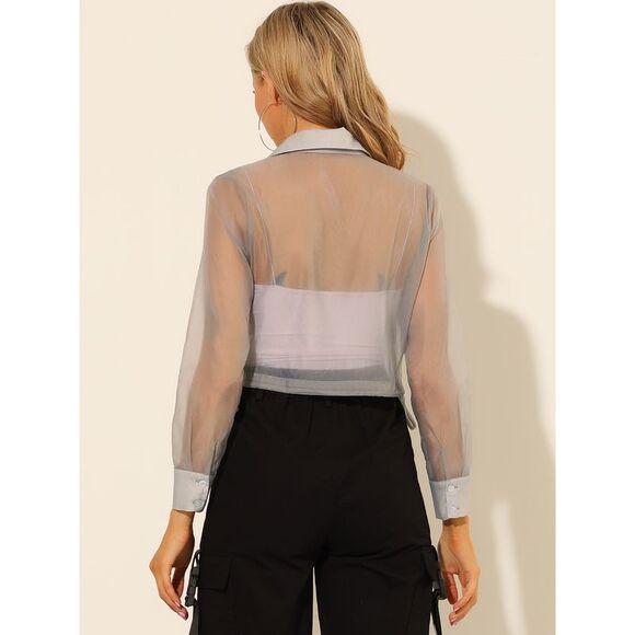 See Through Top Long Sleeve Cropped Mesh Sheer Jacket Gray - Picture 5 of 6
